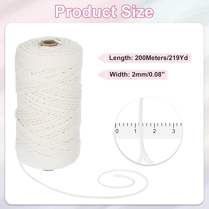 HARFINGTON Natural Macrame Cord 2mm x 220 Yards 3 Strand Twisted Cotton Macrame - Image 2