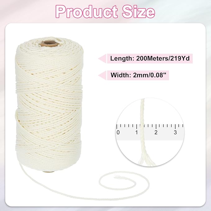 HARFINGTON Natural Macrame Cord 2mm x 220 Yards 3 Strand Twisted Cotton Macrame - Image 2
