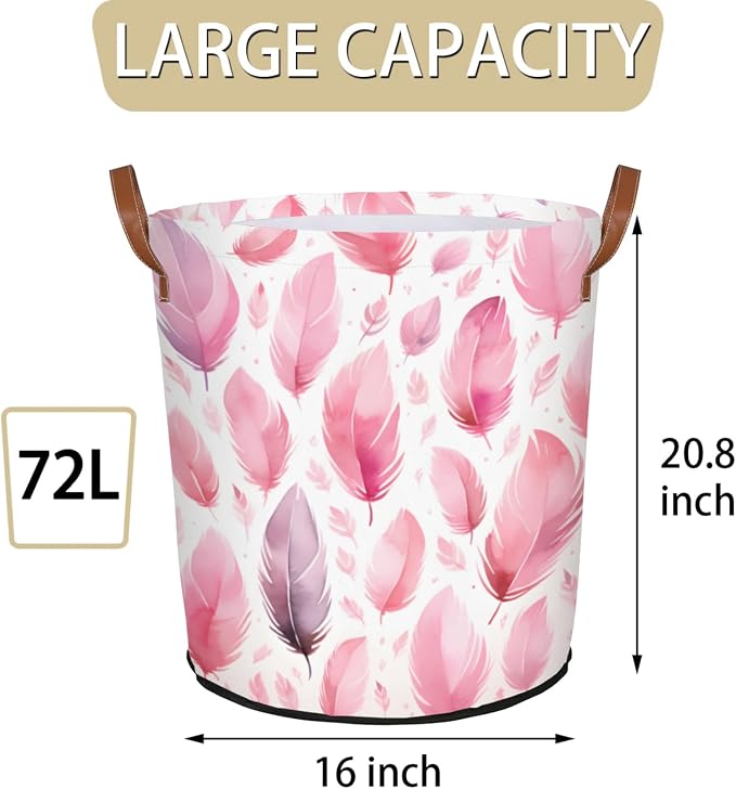 Pink Feather Laundry Basket Waterproof Collapsible Hamper - Image 2