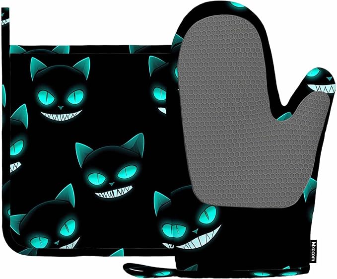 Mxocom Cat Face Oven Mitts and Pot Holders Sets Halloween Background Silicone by Mxocom
