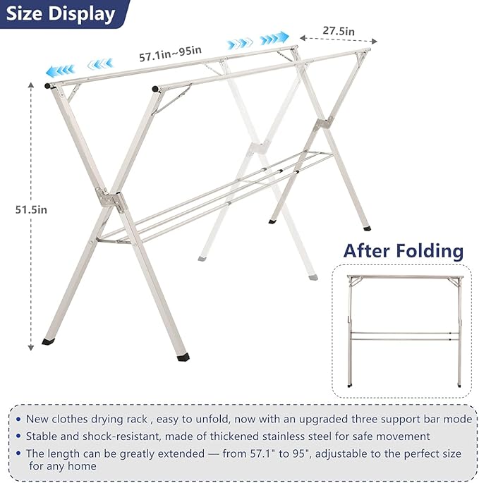 95 inches foldable clothes drying rack, heavy duty stainless steel laundry - Image 2