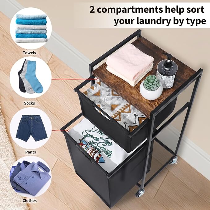 LUCKUP Laundry Hamper with Shelf, Laundry Sorter 2 Section with Removable Bags - Image 5