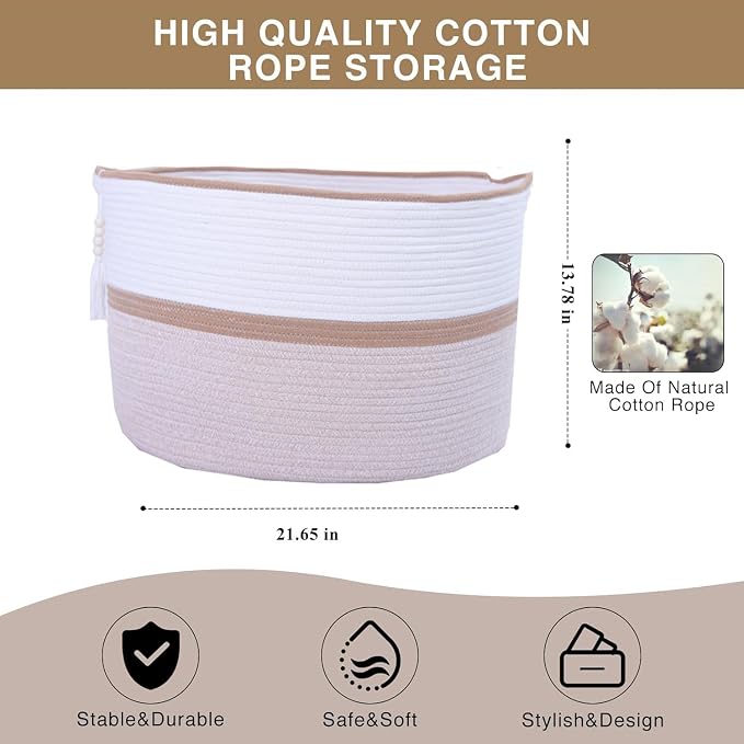 Large Woven Rope Laundry Hamper, Cotton Rope Storage Basket - Image 6
