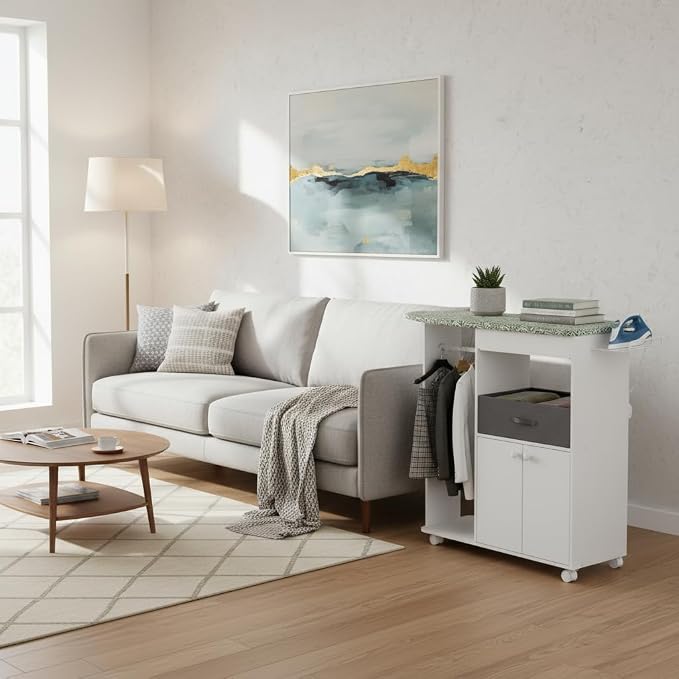Rolling Ironing Board with Storage Cabinet, Wooden Ironing Board Cabinet with - Image 7