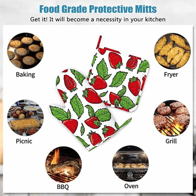 Mxocom Strawberry Pattern Silicone Oven Mitts and Pot Holders Sets Red - Image 7