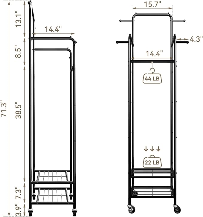 Chrislley Clothes Rack with Wheels, Small Rolling Garment Rack, 4 Hanging Rods - Image 3