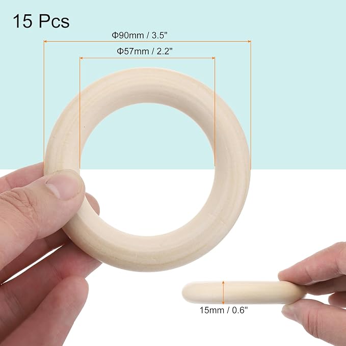 MECCANIXITY 15pcs 3.5" Unfinished Wooden Rings Smooth Natural Wood Macrame Rings - Image 2