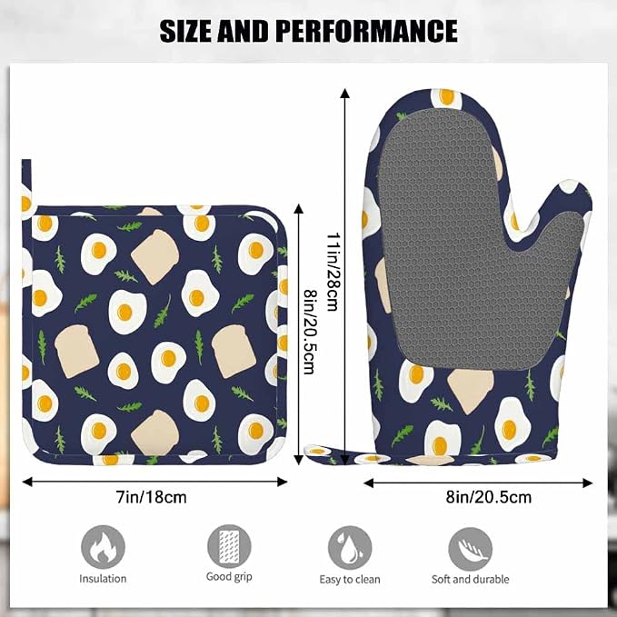 Mxocom Fried Eggs Toast Bread and Arugula Silicone Oven Mitts and Pot Holders - Image 3