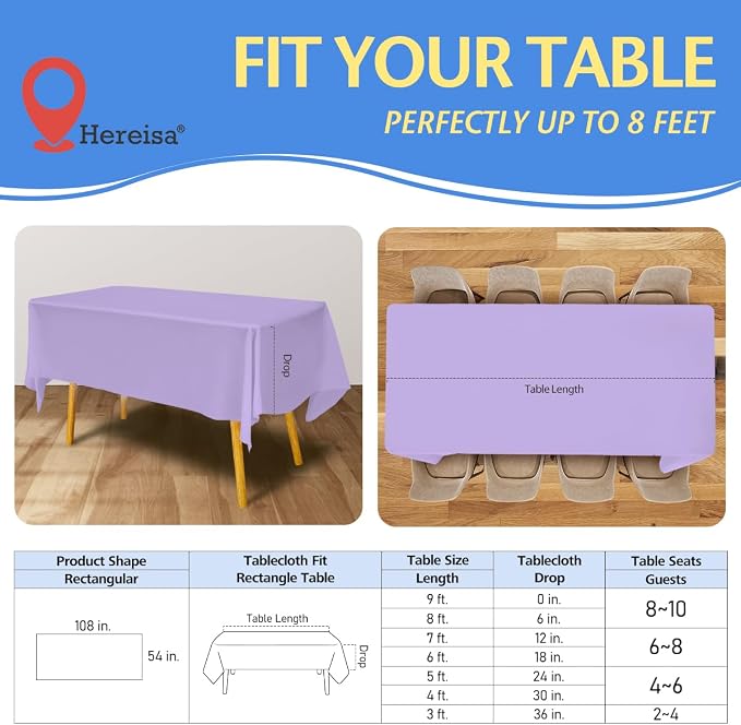 8-Count Lavender Disposable Plastic Tablecloths Rectangle 54x108 Inch - Image 2