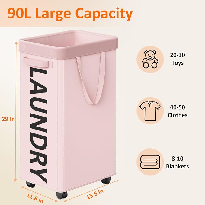 Pink Laundry Basket with Wheels, Dorm Room Essentials - Image 3