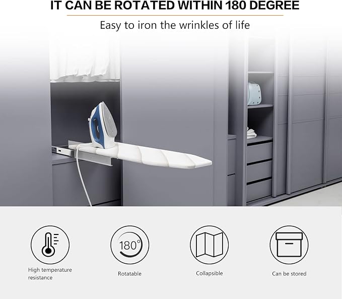 Wall-Mounted Ironing Board, 37.6"x13.7" 180° Rotating Foldable Ironing Station - Image 5