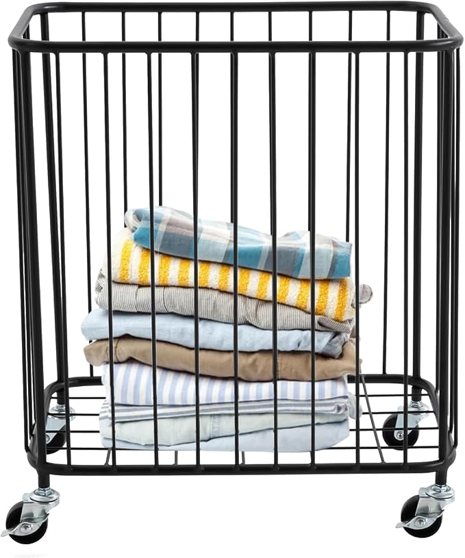Laundry Basket with Wheels, Metal Railing Storage Cart with Handles, Rolling by RIQUIPAI