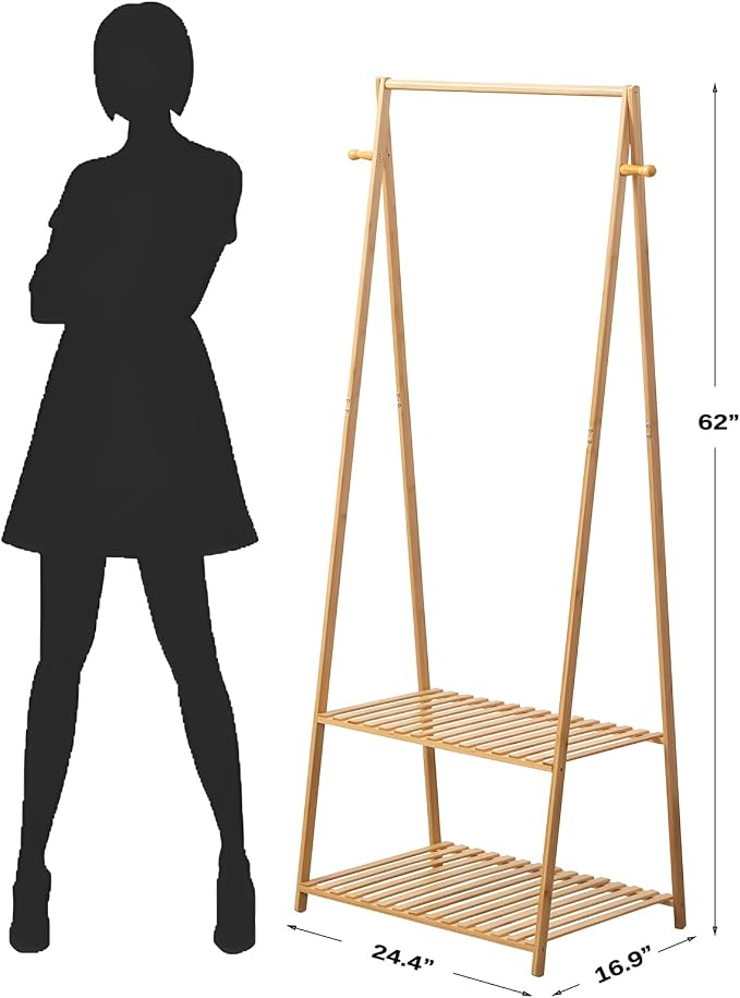 Bamboo Clothing Rack with Top Hanging Garment Rod, 2 Side Hooks & Bottom 2-Tier - Image 6