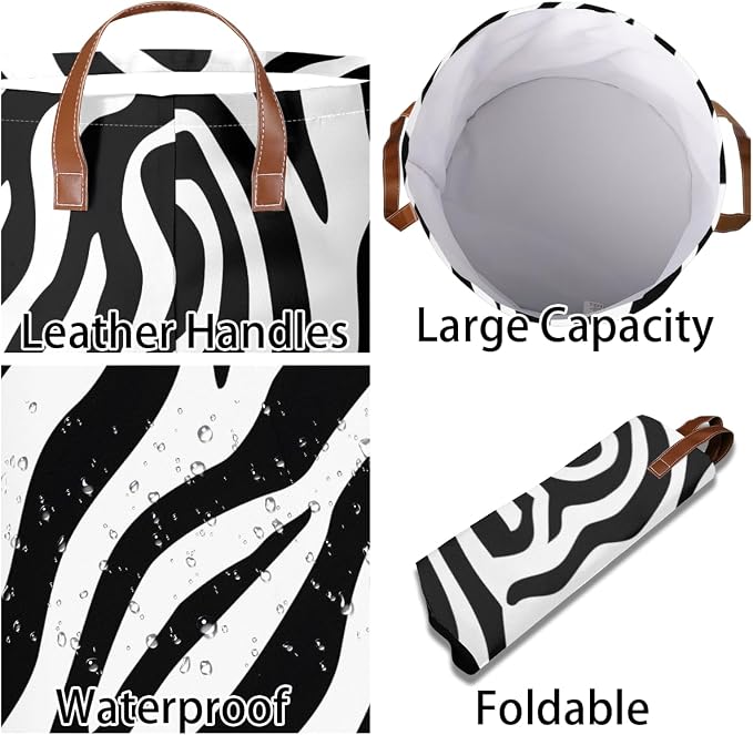 Zebra Print Laundry Hamper Waterproof Collapsible Basket - Image 3
