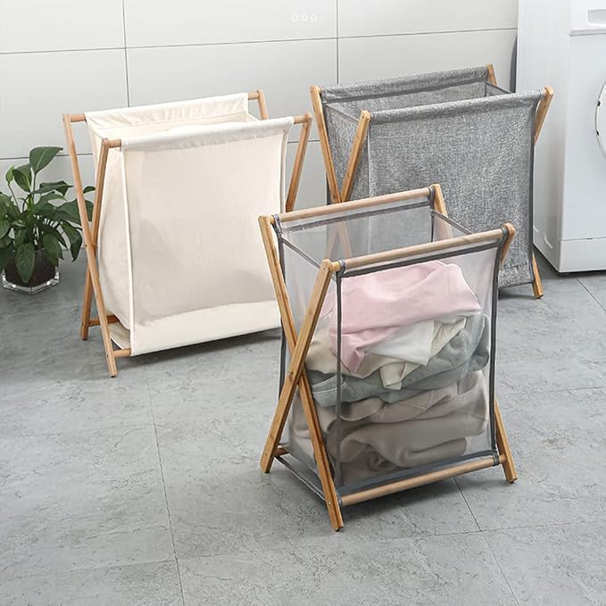 Bamboo Wood X-Frame Laundry Hamper Collapsible Dirty Clothes Laundry Basket - Image 4