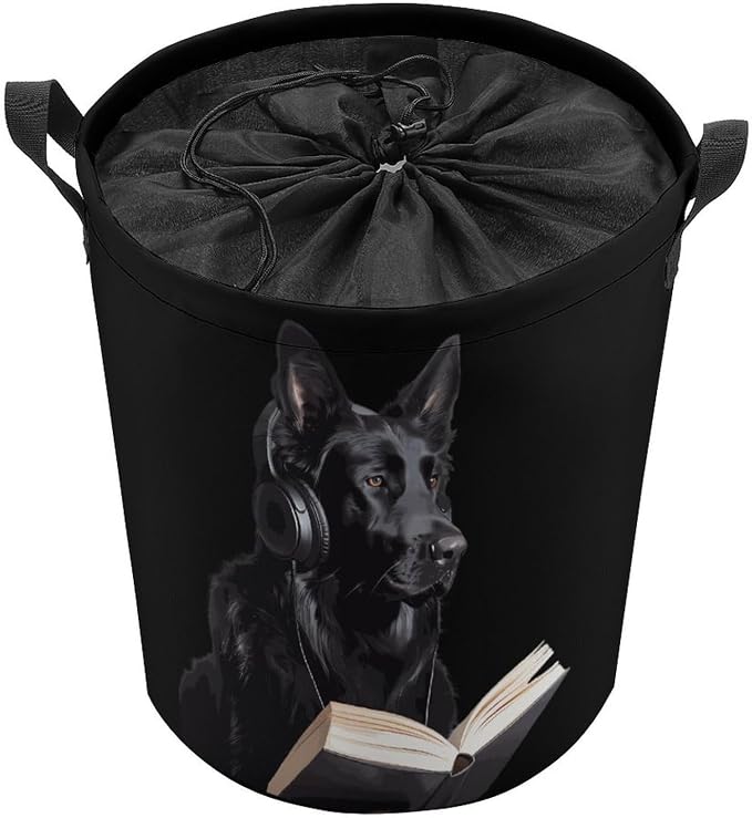 German Shepherd Wearing Headphones Reading Round Laundry Bag Collapsible - Image 8