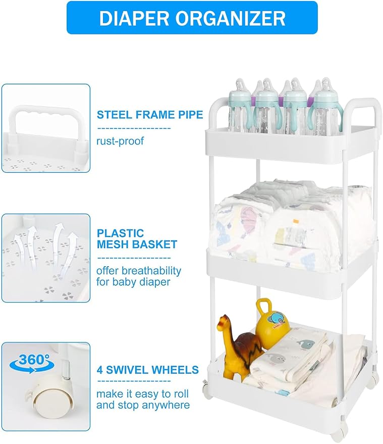 Diaper Caddy Organizer, 3-Tier Movable Diaper Cart - Image 3