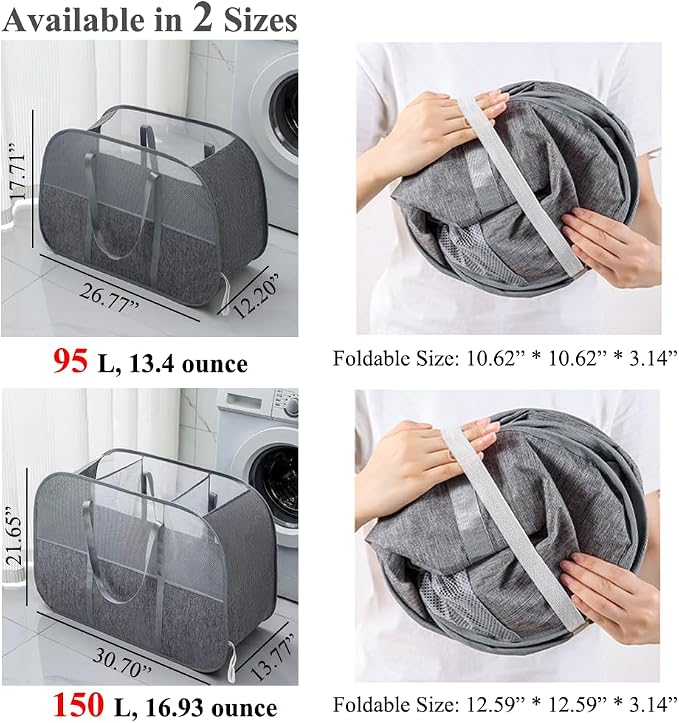 150L Collapsible Laundry Basket, 3-Compartment Foldable Hamper - Image 2