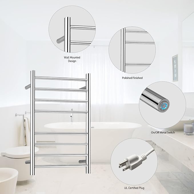 Towel Warmer Polished Chrome for Bathroom Wall Mounted Drying Rack Plug-in - Image 8
