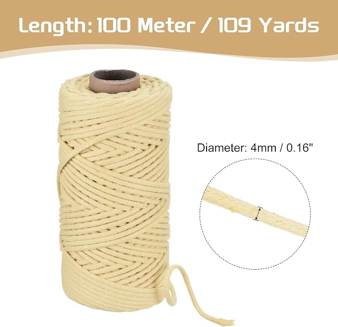 Rebower Macrame Cord 4mm x 109 Yard, Natural Cotton Macrame Rope Twisted - Image 2