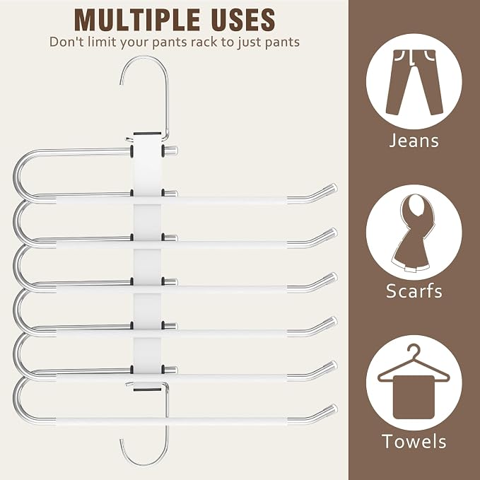 4 Pack 6-Tier Space Saving White Pant Hangers, Lightweight, Stainless Steel - Image 7