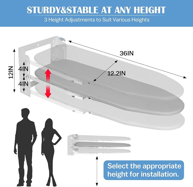 Wall Mounted Ironing Board Adjustable Height, 36 x 12 Inch Fold Away Iron Board - Image 3