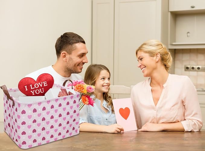 Rectangular Pink Heart Gift Basket Empty, Fabric Storage Basket - Image 5