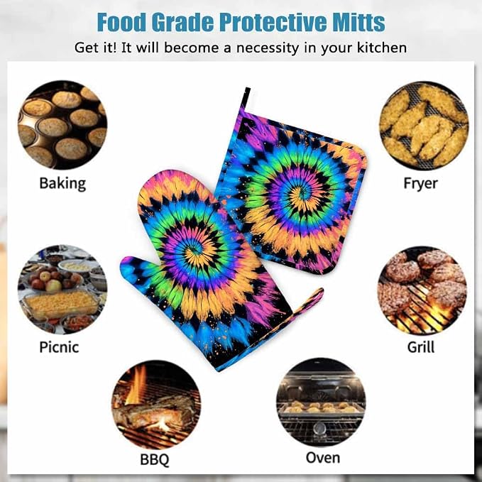 Mxocom Tie Dye Heat-Resistant Oven Mitts and Pot Holder Hand Drawn Rainbow - Image 7