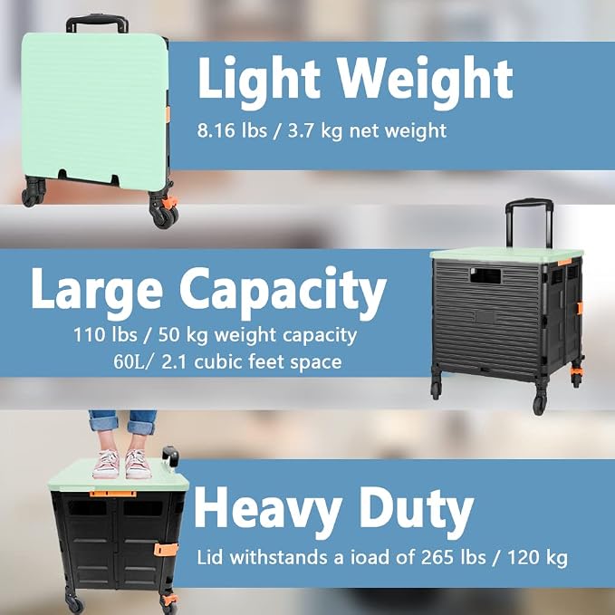 FELICON SELORSS Foldable Utility Cart Folding Portable Rolling Crate Handcart - Image 3