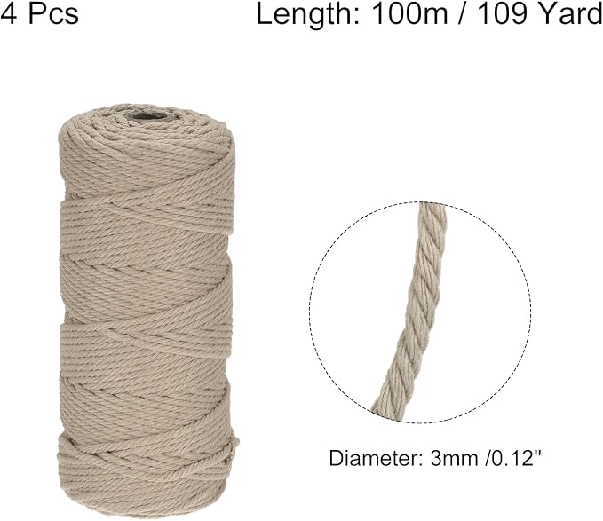 MECCANIXITY 4 Pcs Cotton Rope 4 Strand Twisted Braided Rope Cord, Milky Gray - Image 2