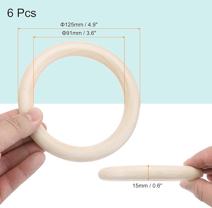 MECCANIXITY 6pcs 4.9" Unfinished Wooden Rings Smooth Natural Wood Macrame Rings - Image 2