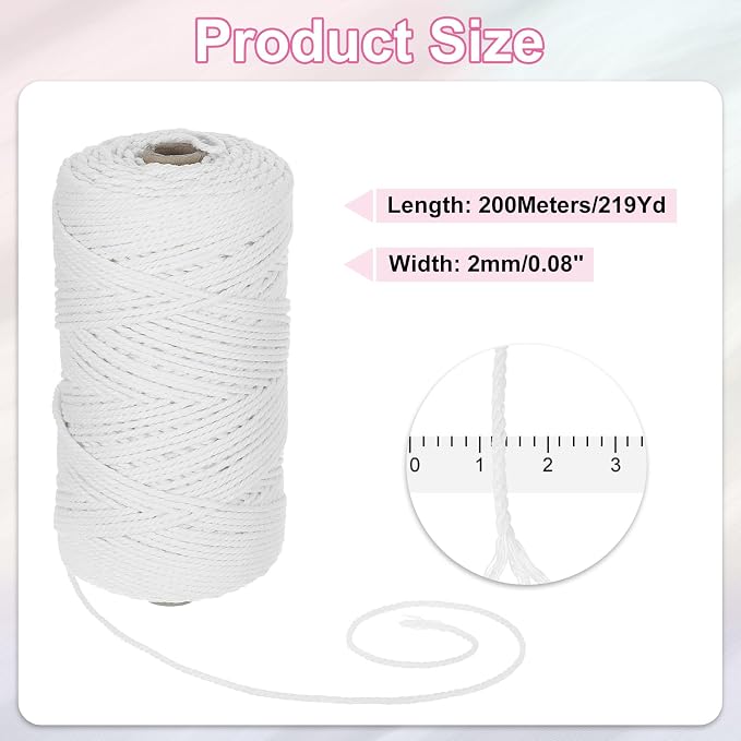 HARFINGTON Natural Macrame Cord 2mm x 220 Yards 3 Strand Twisted Cotton Macrame - Image 2