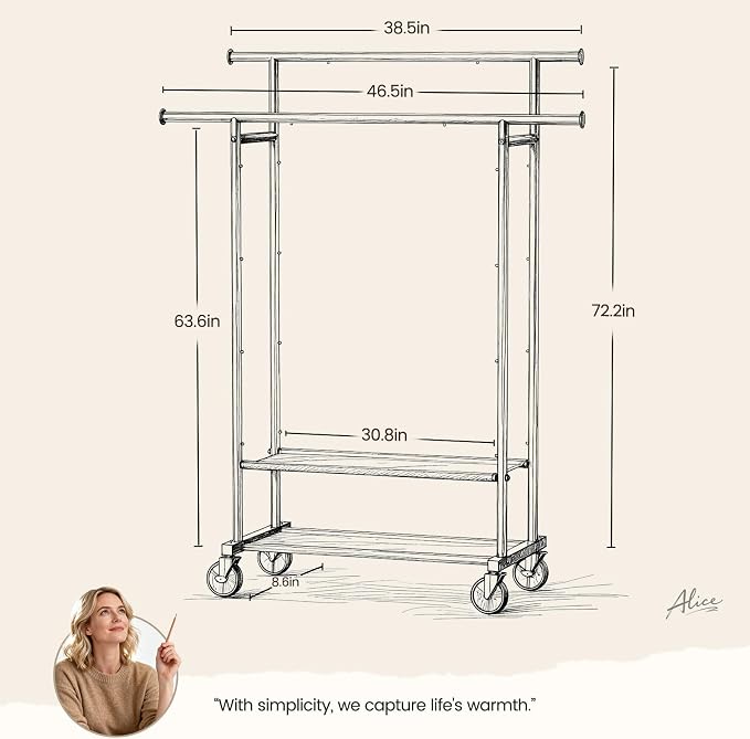 Double Rods Clothes Rack, Rolling Clothing Rack - Image 6