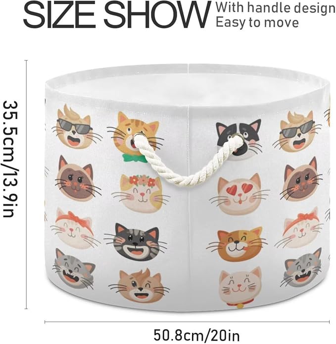 Cat Face Print Round Storage Basket Cute Kitten Large Laundry Hamper 20 x 20 x - Image 2