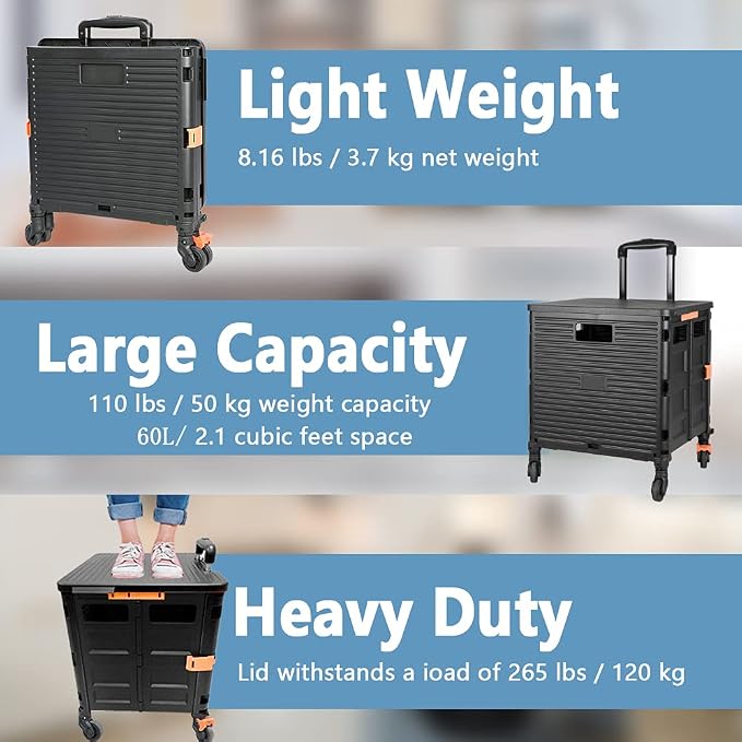 FELICON SELORSS Foldable Utility Cart Folding Portable Rolling Crate Handcart - Image 3