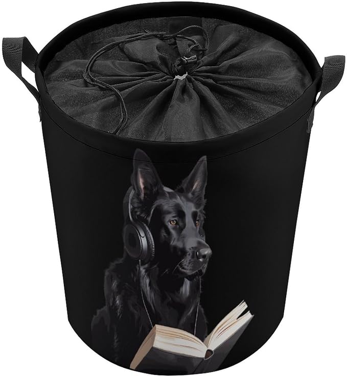 German Shepherd Wearing Headphones Reading Round Laundry Bag Collapsible - Image 8