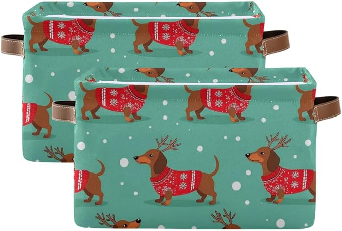 Pfrewn Christmas Winter Storage Basket Dutch Hound Dog in Christmas Pullover by Pfrewn