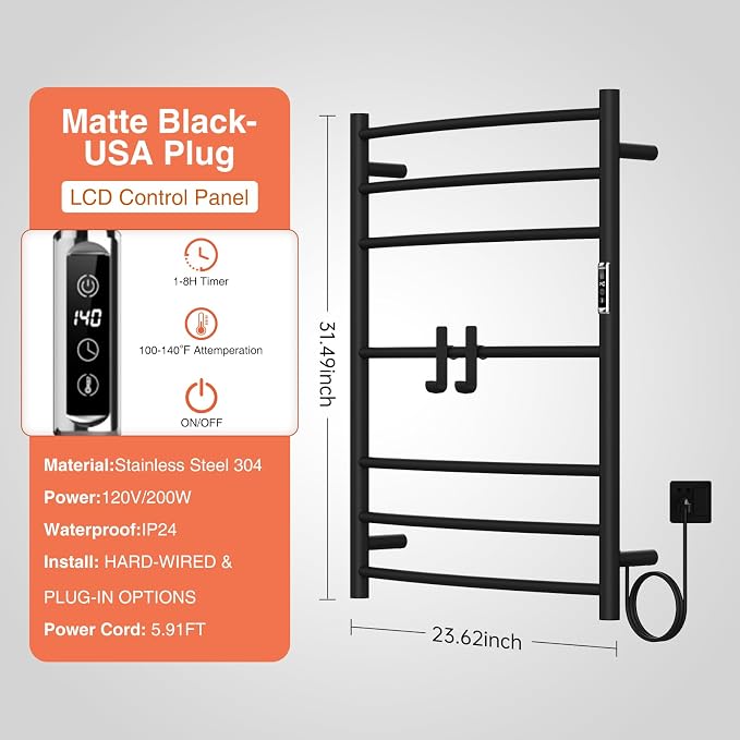 Towel Warmer Rack, 7 Bars Wall Mounted Towel Heater Towel Warmer - Image 6