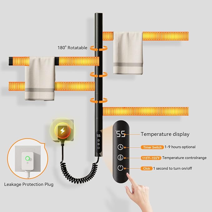 Swivel Heated Towel Rack Electric Towel Warmer Wall Mounted 4 Wider Square Bars - Image 5