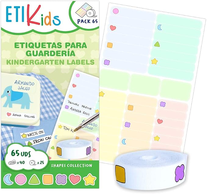 Funny Pack Shapes: 40 Adhesive Labels + 25 Thermal Adhesive Fabric Labels by ETIKIDS