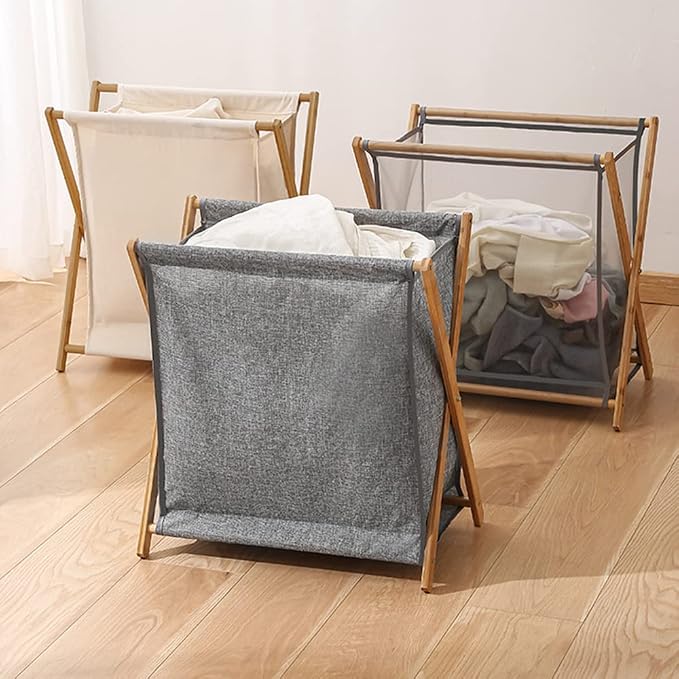 Bamboo Wood X-Frame Laundry Hamper Collapsible Dirty Clothes Laundry Basket - Image 3