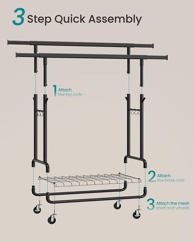 SONGMICS Clothes Rack, Heavy-Duty Rolling Clothing Garment Rack - Image 6