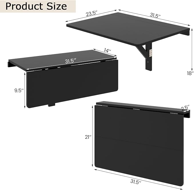 Giantex Wall Mounted Folding Table, 31.5" x 23.5" Wood Murphy Drop-Leaf Table - Image 3