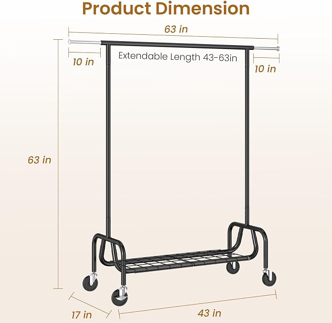 Heavy-duty Clothing Rack with Wheels, Rolling Clothes Rack with Shelf, Clothes - Image 7