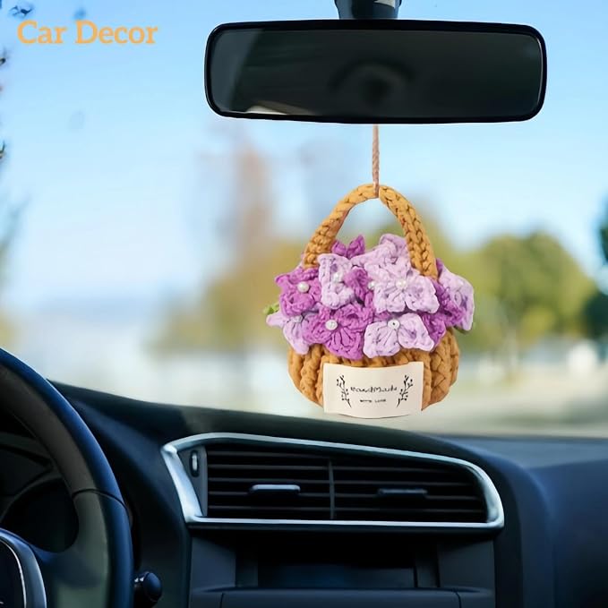 Car Mirror Hanging Accessories, Crochet Plant Decor, Boho Knitted Flower Basket - Image 4