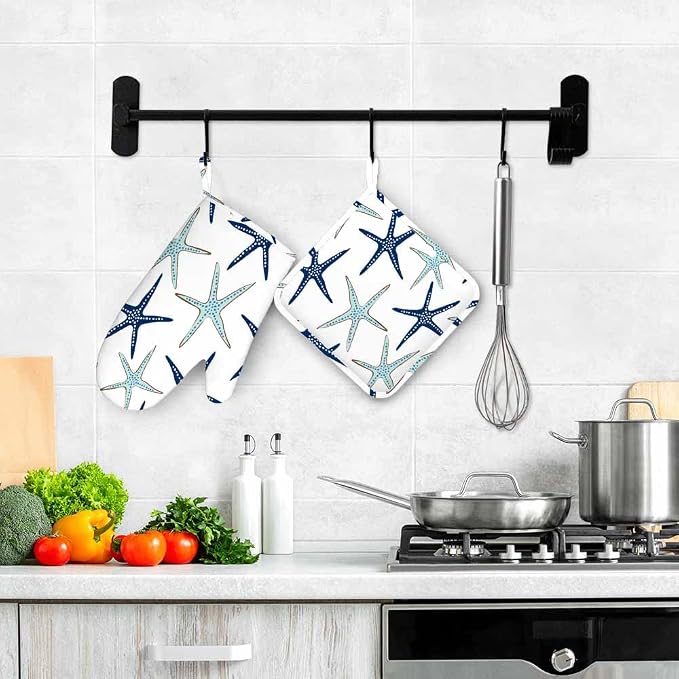 Mxocom Sea Stars Heat-Resistant Oven Mitts and Pot Holder Navy Blue and - Image 4