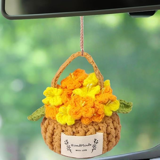 Car Mirror Hanging Accessories, Crochet Plant Decor, Boho Knitted Flower Basket by CenynDecor