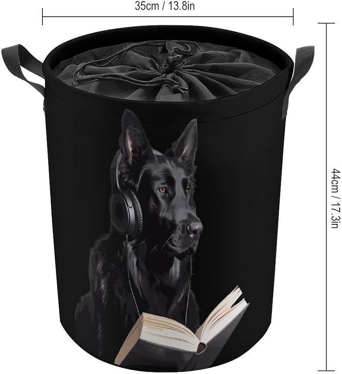 German Shepherd Wearing Headphones Reading Round Laundry Bag Collapsible - Image 2