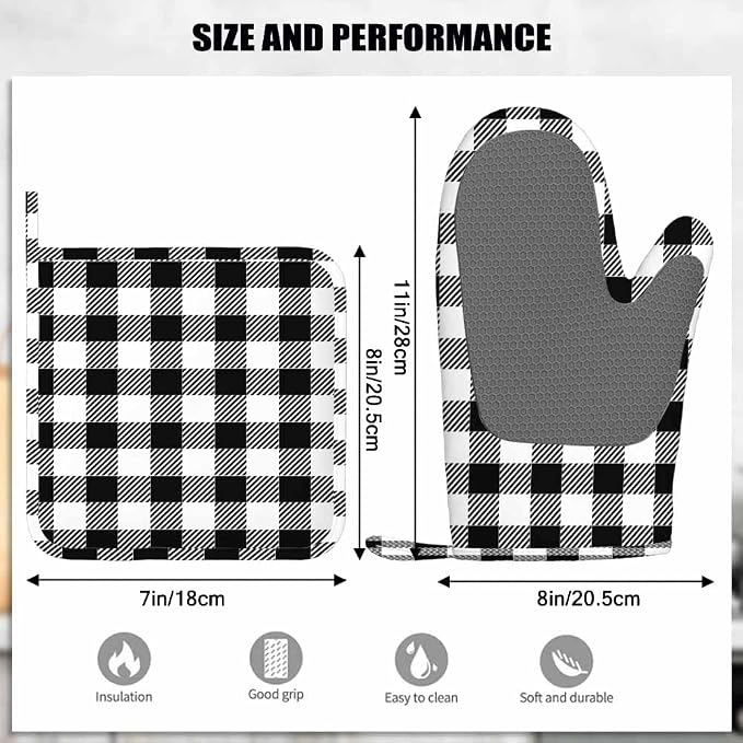 Mxocom Black Checked Pattern Oven Mitts and Pot Holders Sets Gingham Plaid - Image 3