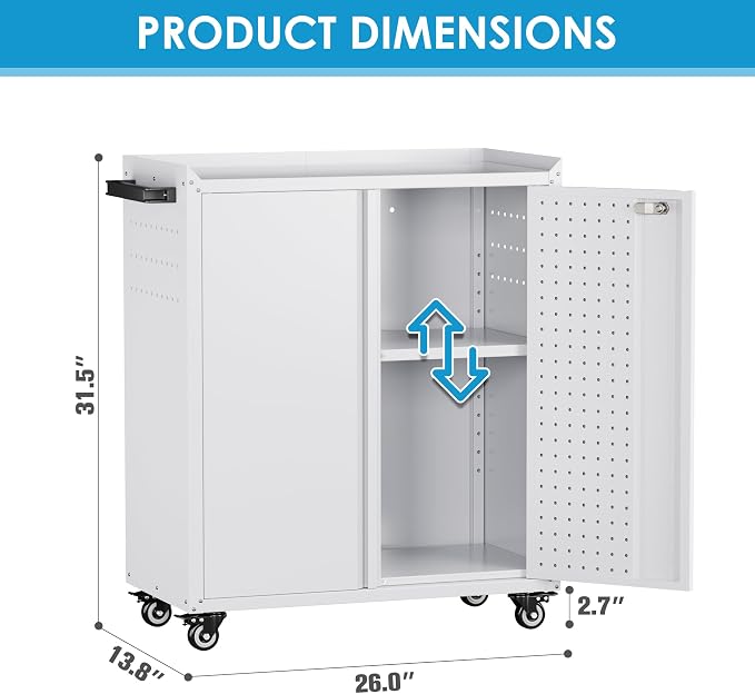 Garage Storage Cabinet with Wheels & Pegboard, Locking Metal Storage Cabinet - Image 2